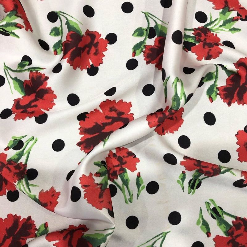 Tecido Cetim Toque De Seda Estampada Poá Flowers • Conexão Tecidos