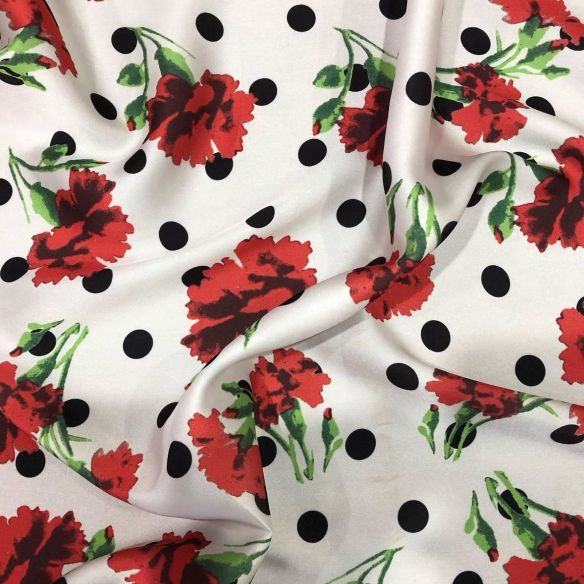 Tecido Cetim Toque De Seda Estampada Poá Flowers • Conexão Tecidos