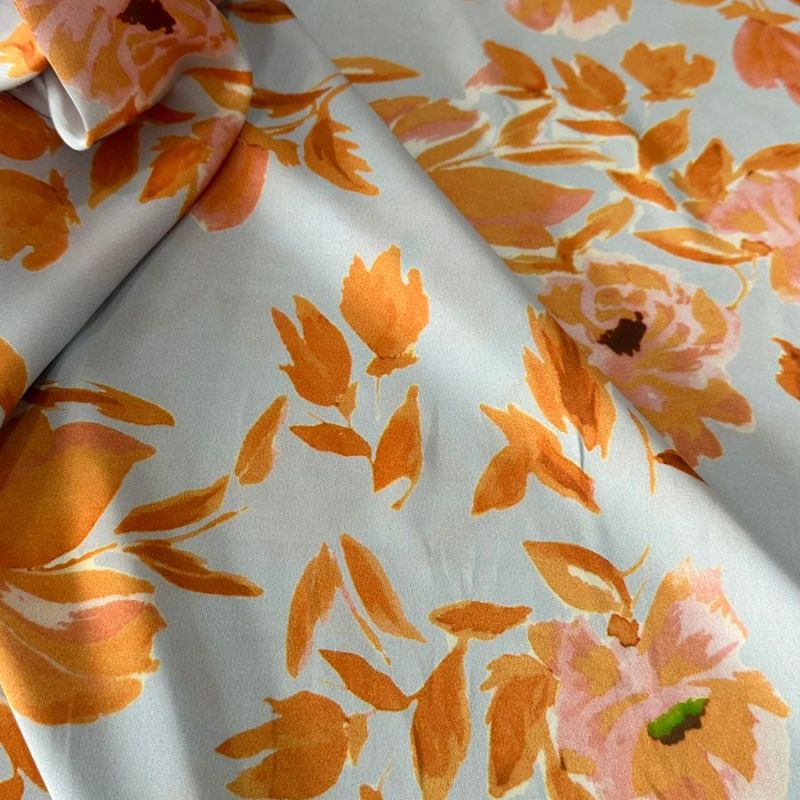Tecido Cetim Toque De Seda Estampada Orange • Conexão Tecidos