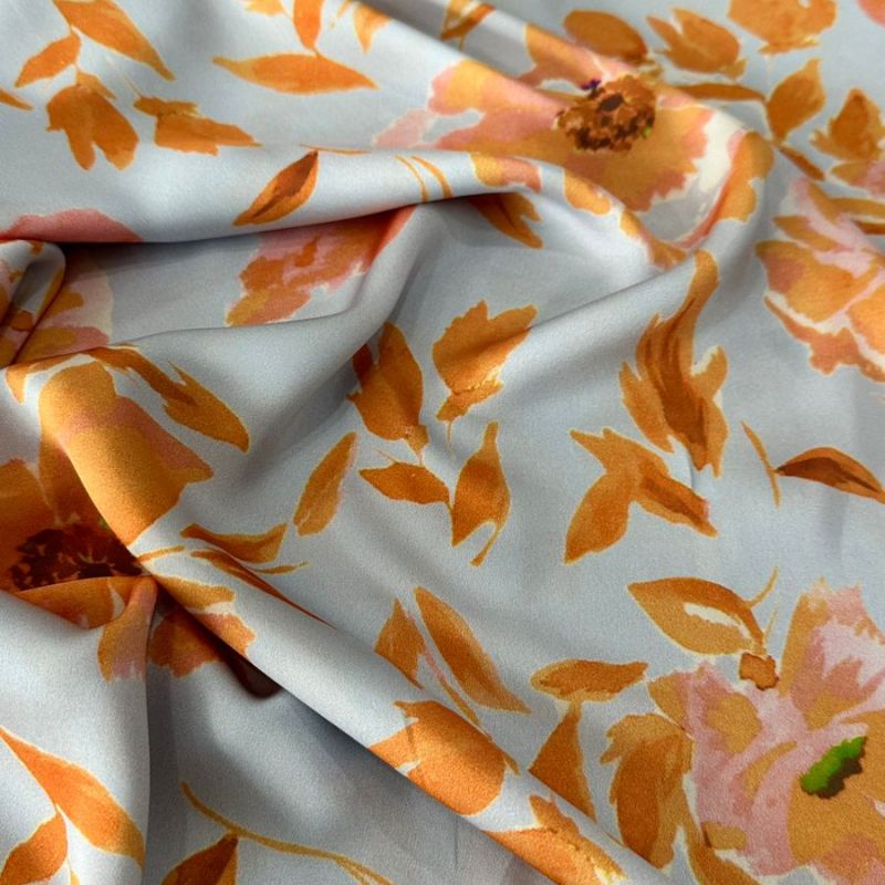 Tecido Cetim Toque De Seda Estampada Orange • Conexão Tecidos