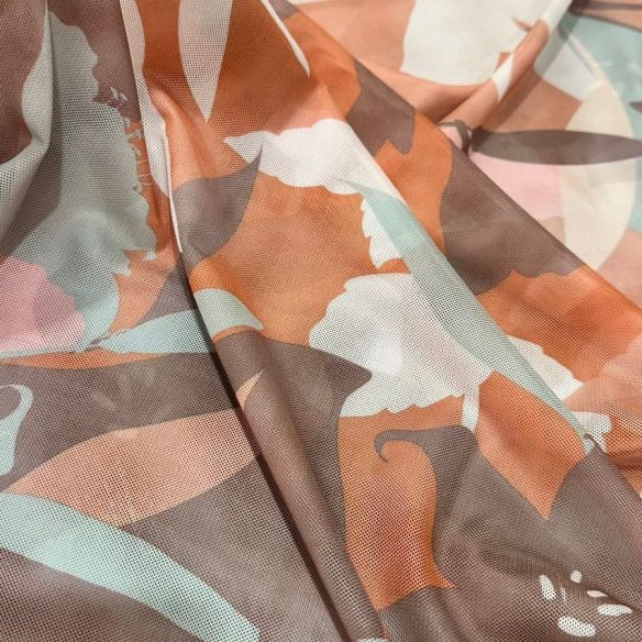 Tecido Tule De Malha Estampado Floral Terracota • Conexão Tecidos