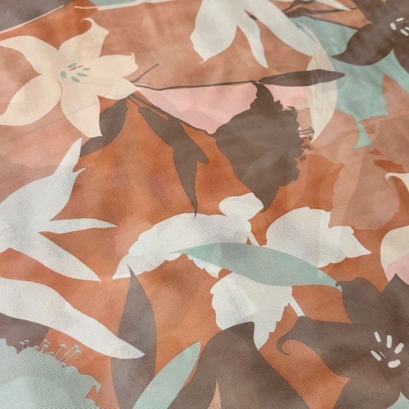 Tecido Tule De Malha Estampado Floral Terracota • Conexão Tecidos