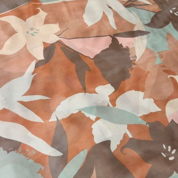 Tecido Tule De Malha Estampado Floral Terracota • Conexão Tecidos