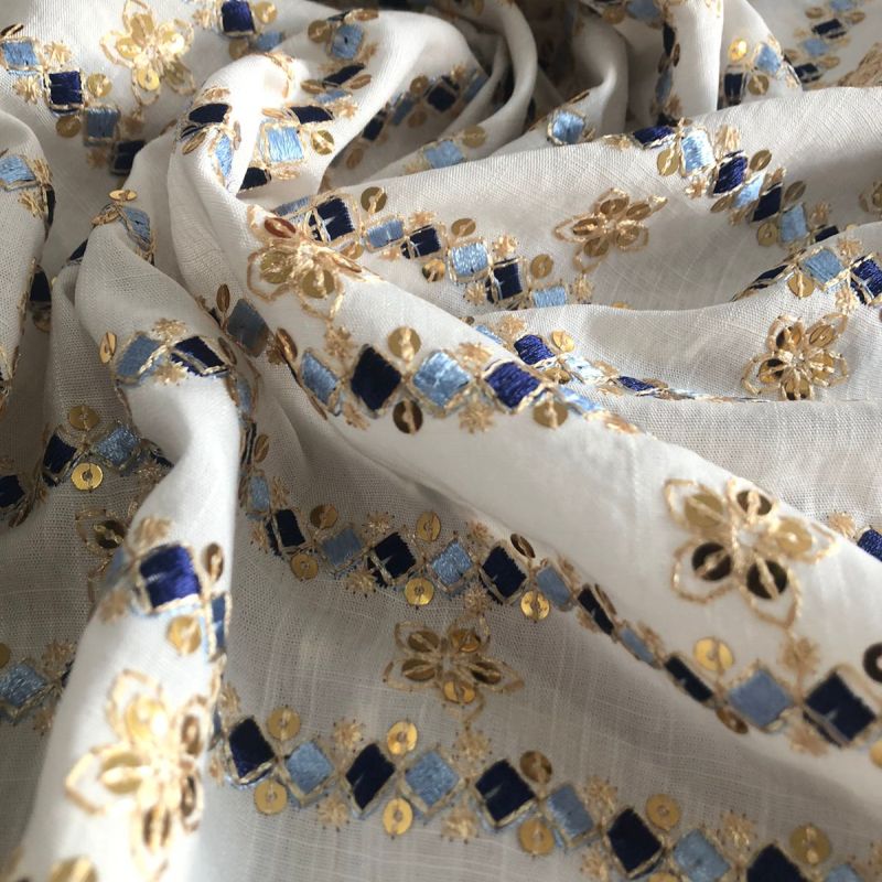 VISCOLINHO BORDADO INDIANO BALI AZUL MARINHO • Conexão Tecidos