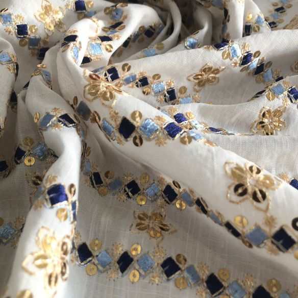 Tecido Viscolinho Bordado Indiano Bali Azul Marinho • Conexão Tecidos