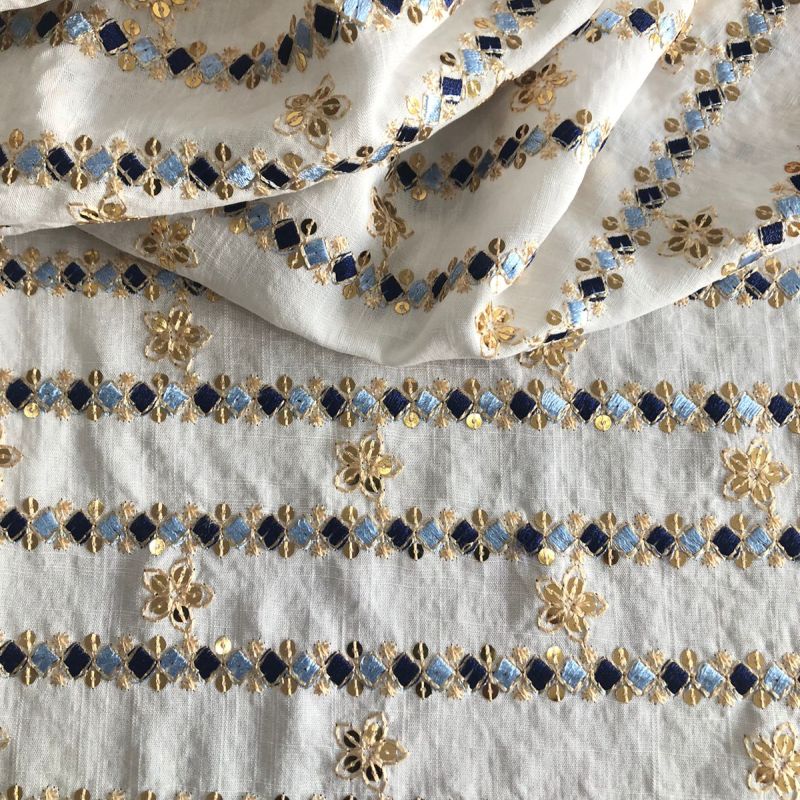 Tecido Viscolinho Bordado Indiano Bali Azul Marinho • Conexão Tecidos