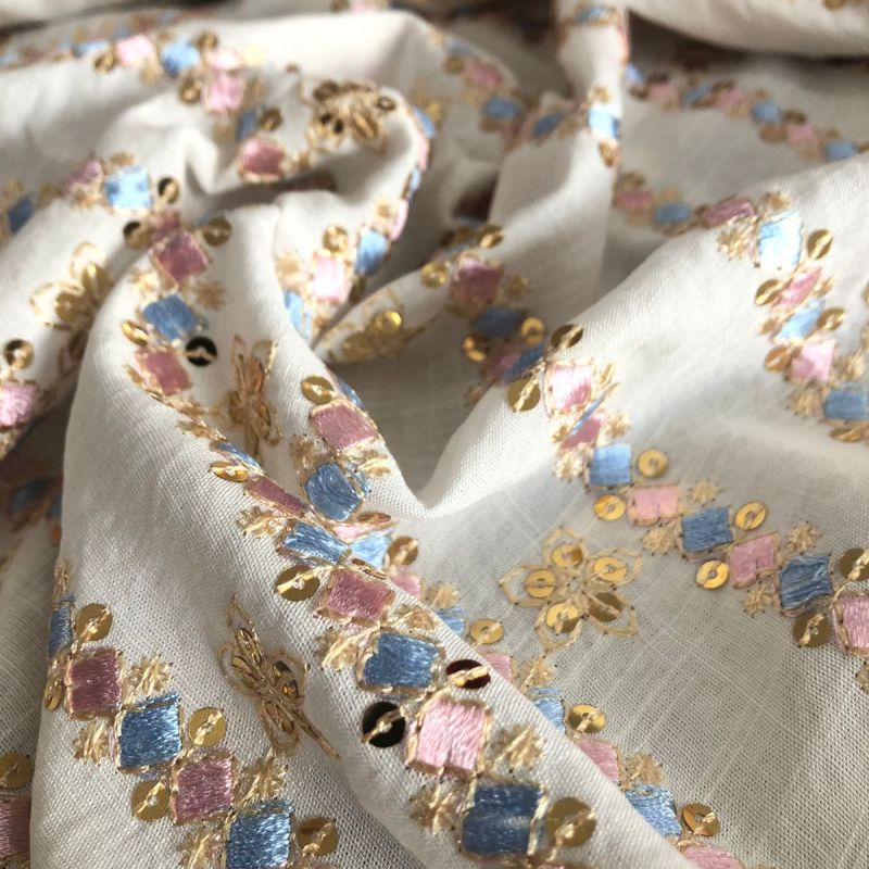 Tecido Viscolinho Bordado Indiano Bali Azul E Rosa • Conexão Tecidos