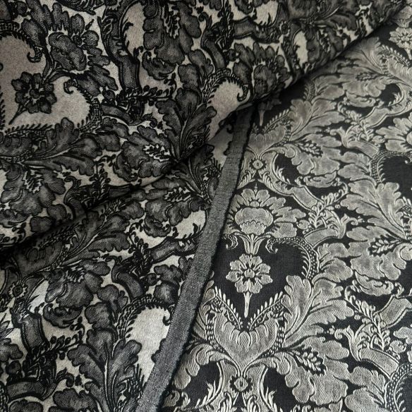Tecido Jacquard Floral Dupla Face Relevo Preto e Prata • Conexão
