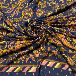 Tecido Viscose Estampada Barrado Luxo Oriental Foil • Conexão Tecidos