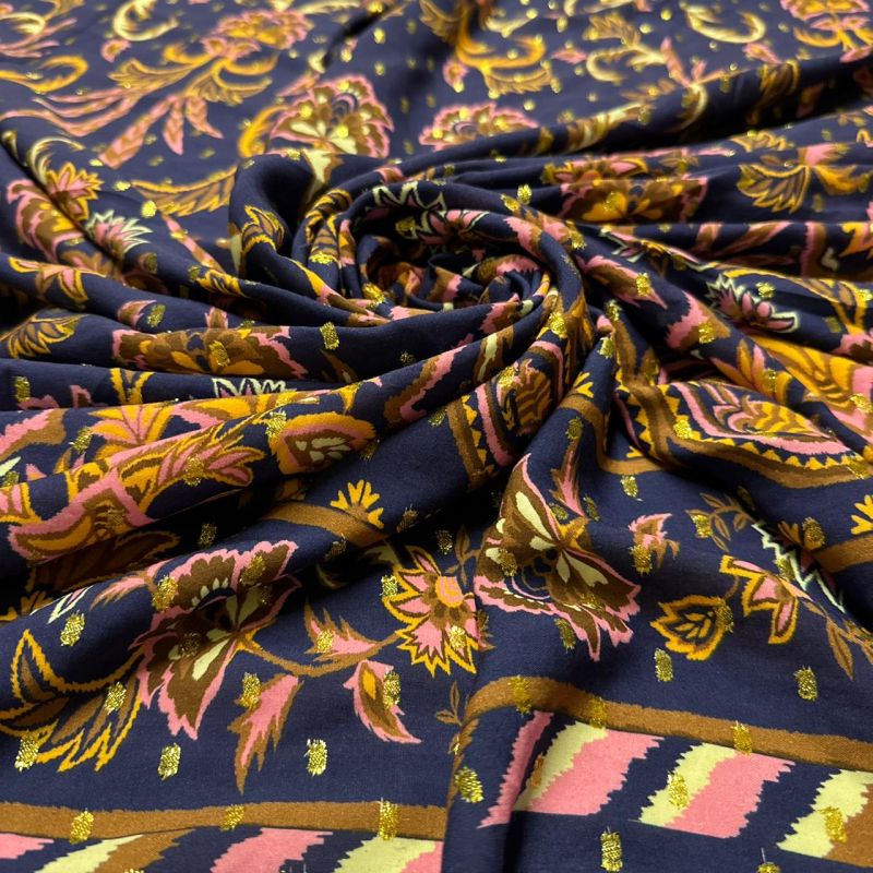 Tecido Viscose Estampada Barrado Luxo Oriental Foil • Conexão Tecidos