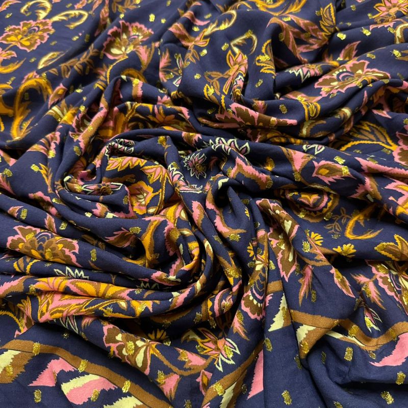 Tecido Viscose Estampada Barrado Luxo Oriental Foil • Conexão Tecidos