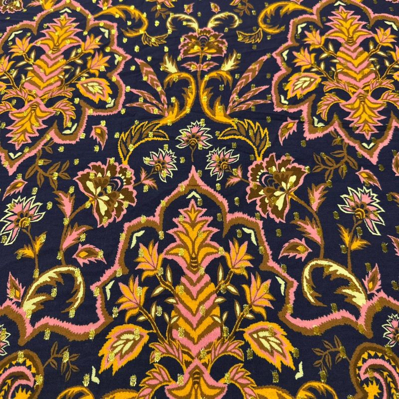 Tecido Viscose Estampada Barrado Luxo Oriental Foil • Conexão Tecidos
