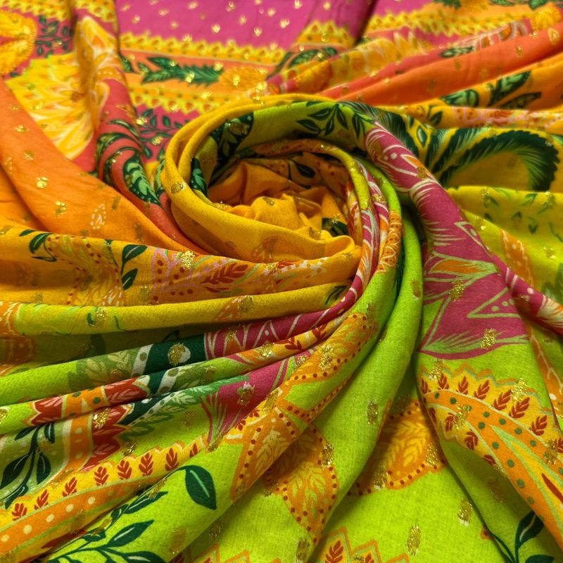 Tecido Viscose Estampada Barrado Tropical Foil • Conexão Tecidos