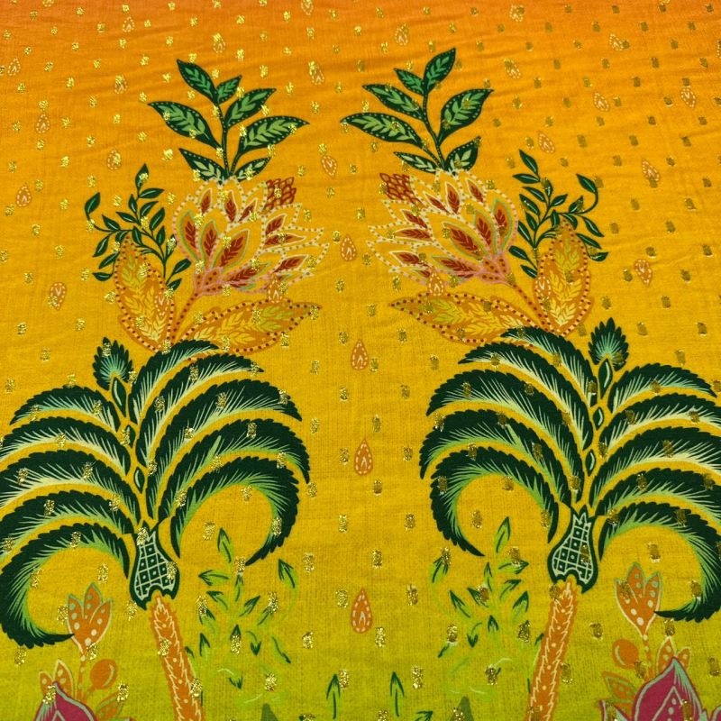 Tecido Viscose Estampada Barrado Tropical Foil • Conexão Tecidos
