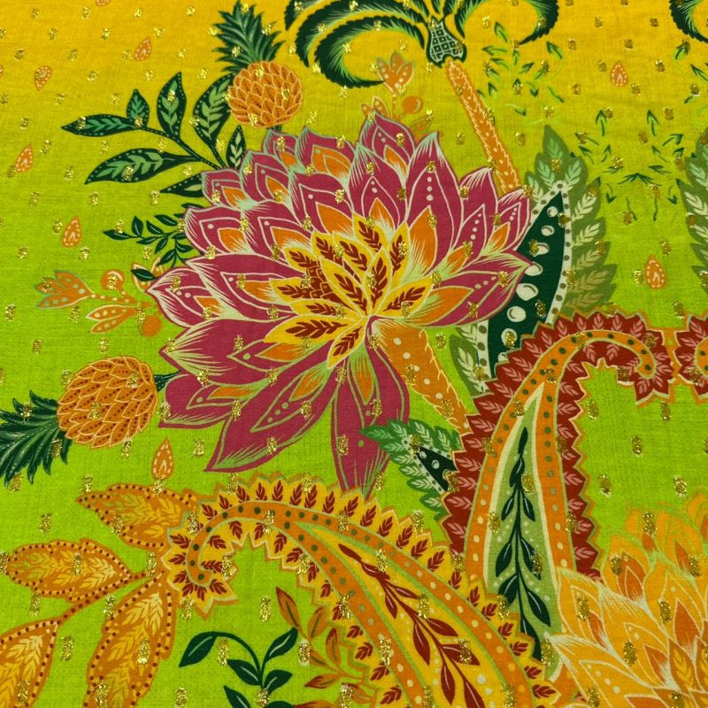 Tecido Viscose Estampada Barrado Tropical Foil • Conexão Tecidos