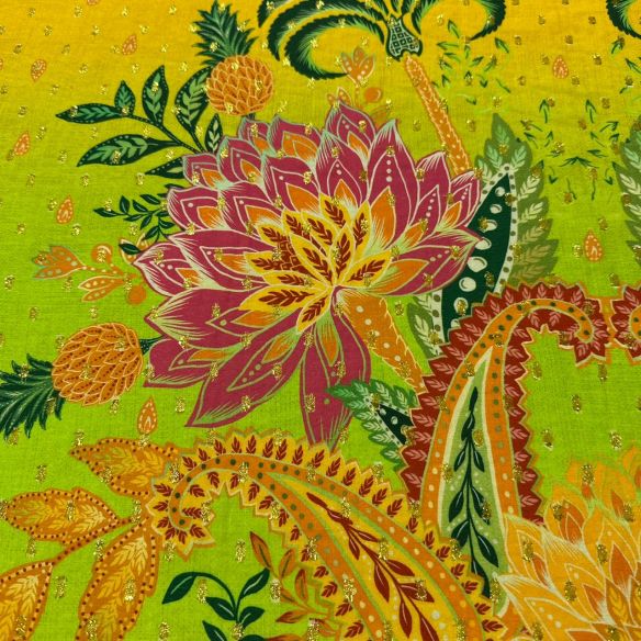 Tecido Viscose Estampada Barrado Tropical Foil • Conexão Tecidos
