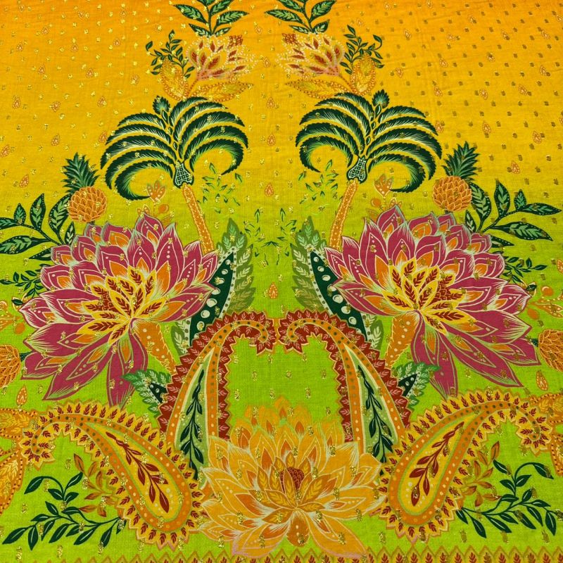 Tecido Viscose Estampada Barrado Tropical Foil • Conexão Tecidos