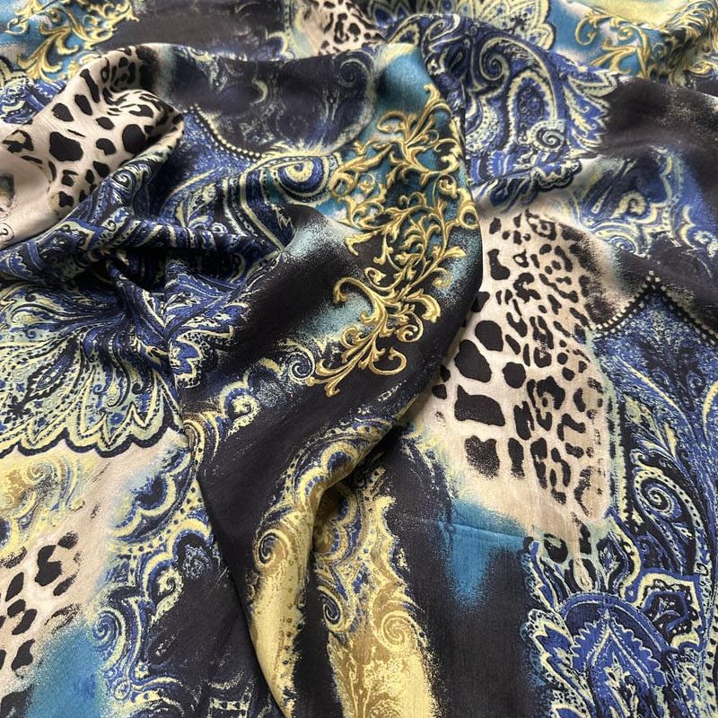 Tecido Palha De Seda Estampada Selvagem Royal Blue • Conexão Tecidos