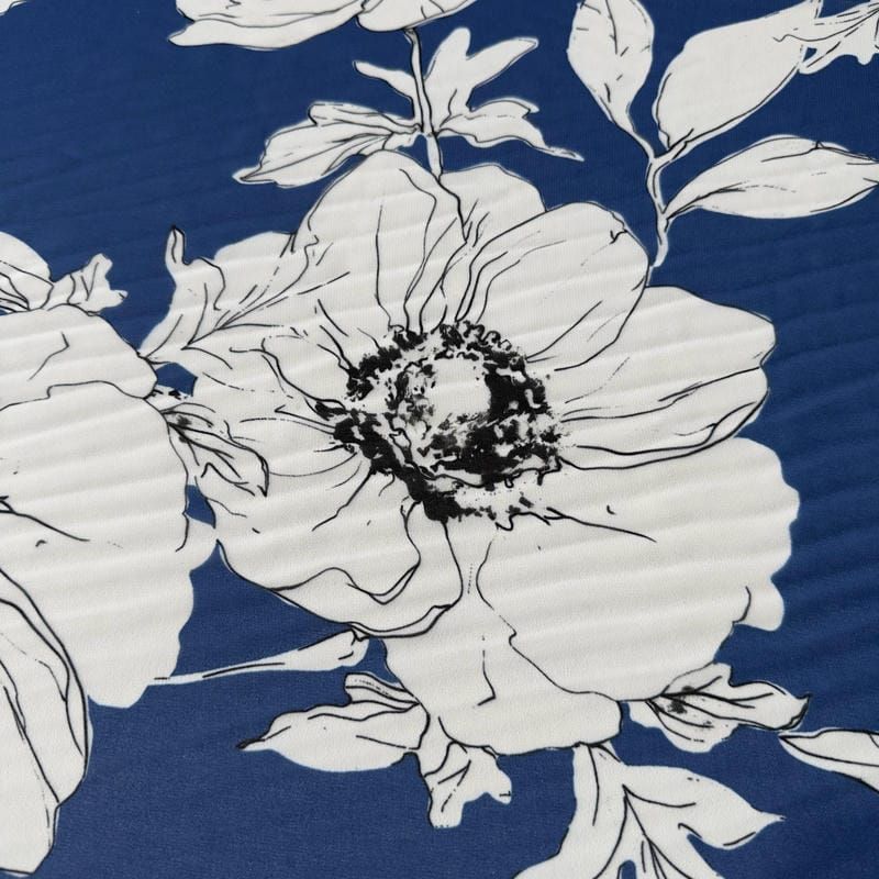 Tecido Musseline Estampada Floral Sketch Azul Royal • Conexão Tecidos