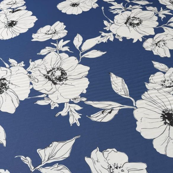 Tecido Musseline Estampada Floral Sketch Azul Royal • Conexão Tecidos