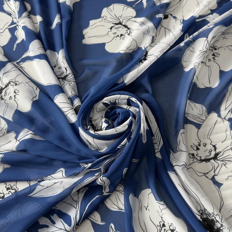 Tecido Musseline Estampada Floral Sketch Azul Royal • Conexão Tecidos