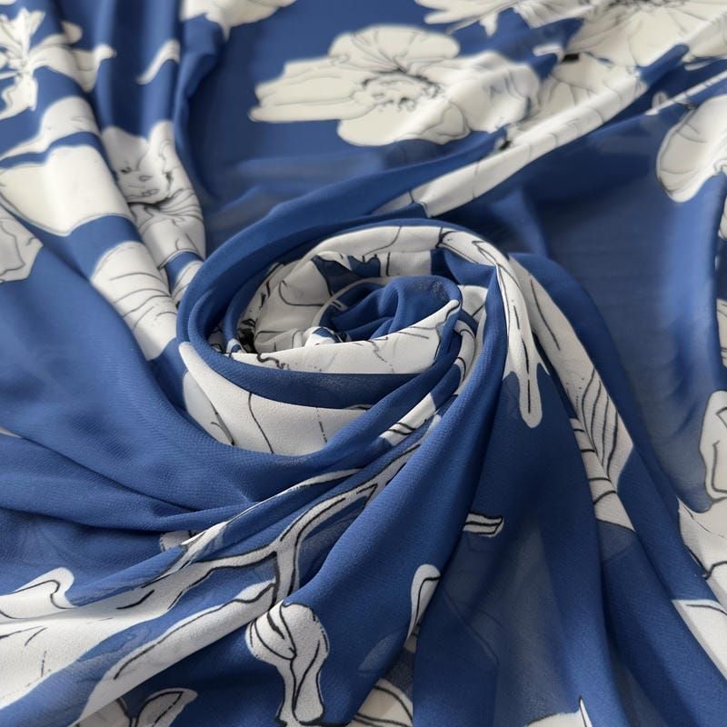 Tecido Musseline Estampada Floral Sketch Azul Royal • Conexão Tecidos