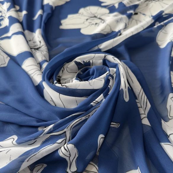 Tecido Musseline Estampada Floral Sketch Azul Royal • Conexão Tecidos