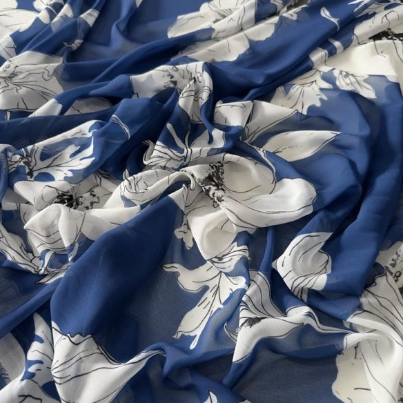 Tecido Musseline Estampada Floral Sketch Azul Royal • Conexão Tecidos