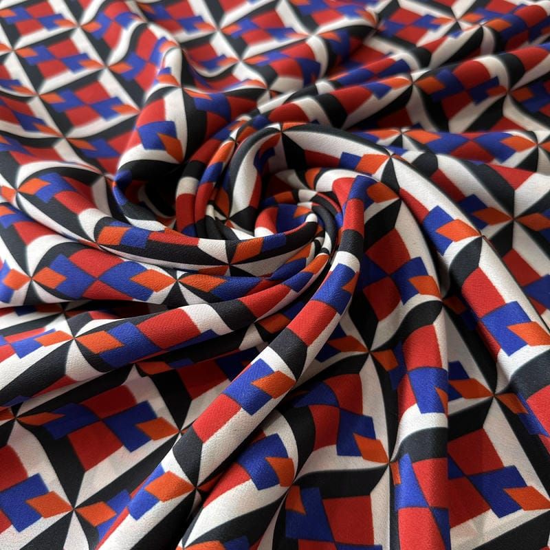 Tecido Crepe de Chine Estampado Retro Cube • Conexão Tecidos