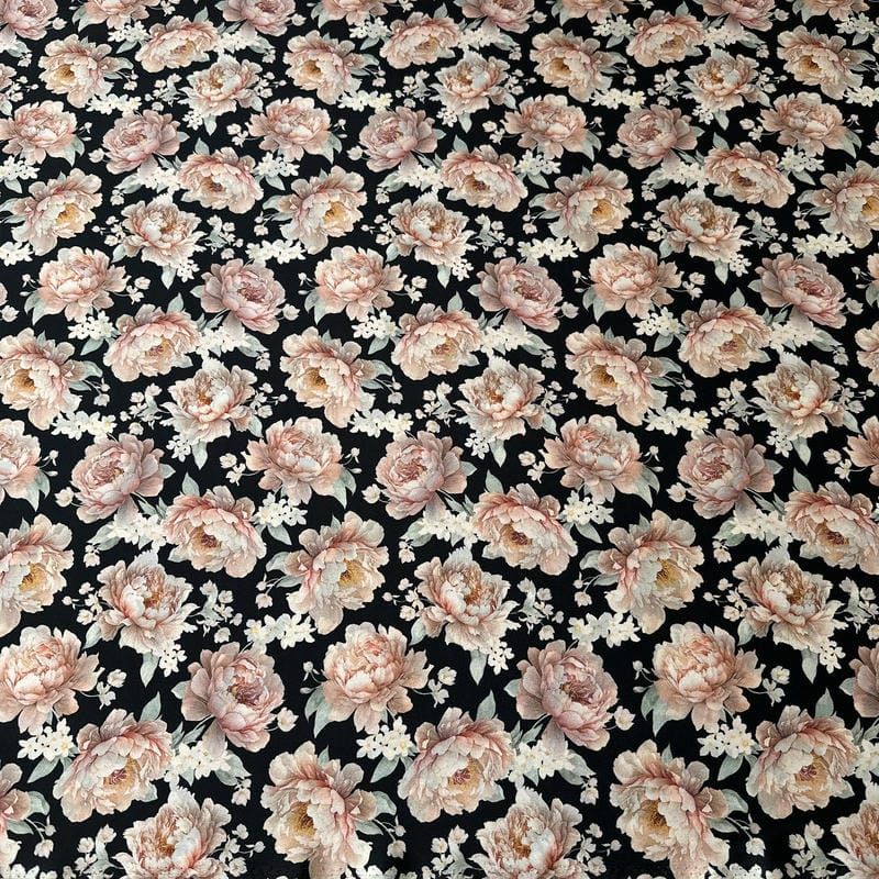 Tecido Crepe de Chine Estampado Peony Noir Elegance • Conexão Tecidos