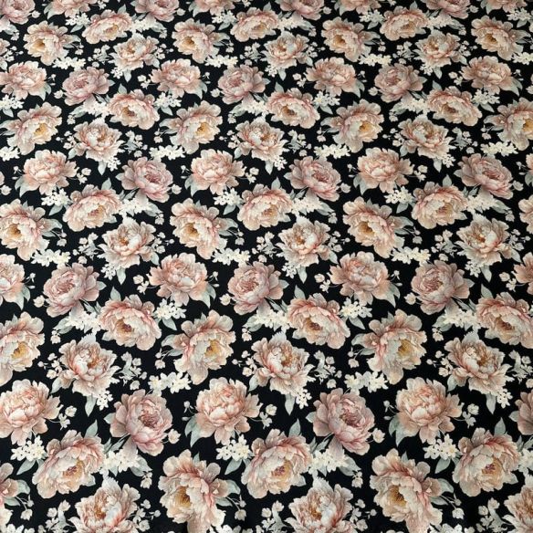 Tecido Crepe de Chine Estampado Peony Noir Elegance • Conexão Tecidos