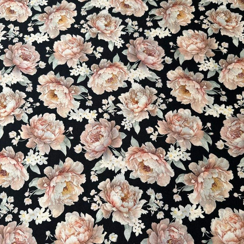 Tecido Crepe de Chine Estampado Peony Noir Elegance • Conexão Tecidos