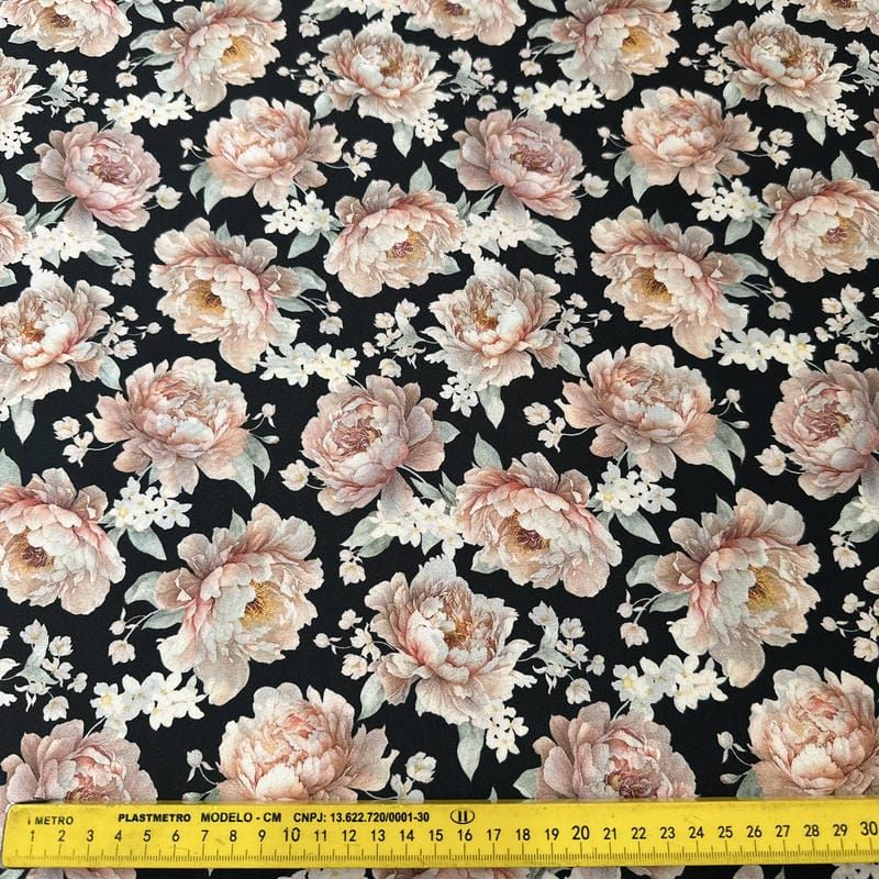 Tecido Crepe de Chine Estampado Peony Noir Elegance • Conexão Tecidos