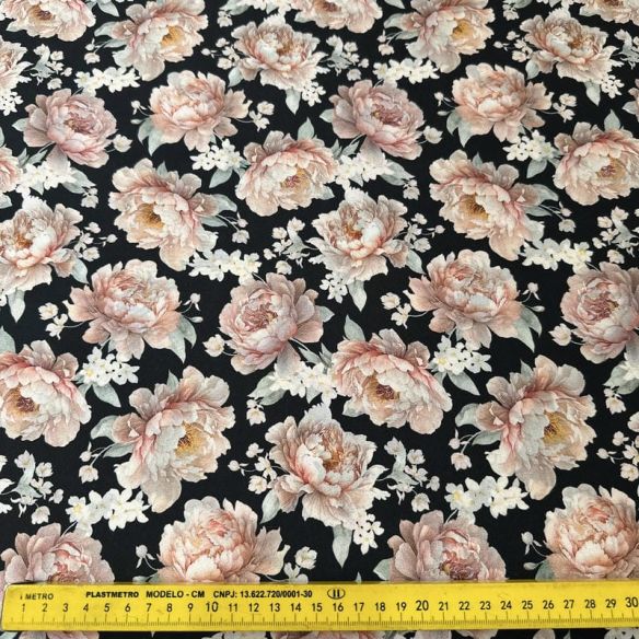 Tecido Crepe de Chine Estampado Peony Noir Elegance • Conexão Tecidos