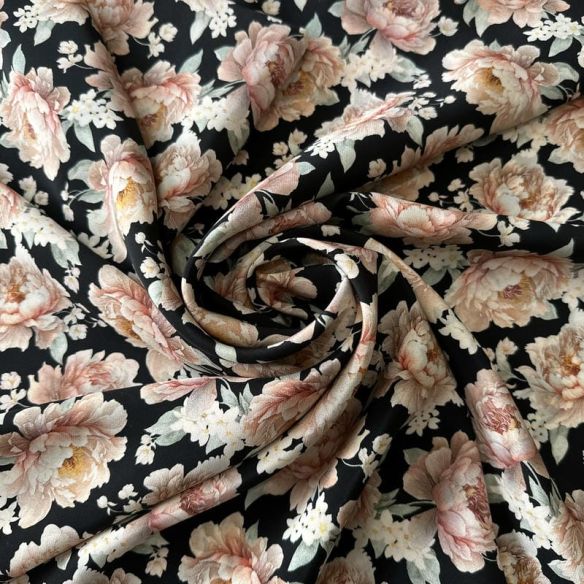 Tecido Crepe de Chine Estampado Peony Noir Elegance • Conexão Tecidos