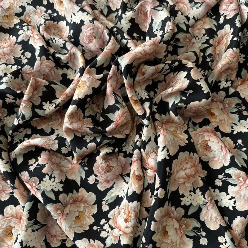 Tecido Crepe de Chine Estampado Peony Noir Elegance • Conexão Tecidos