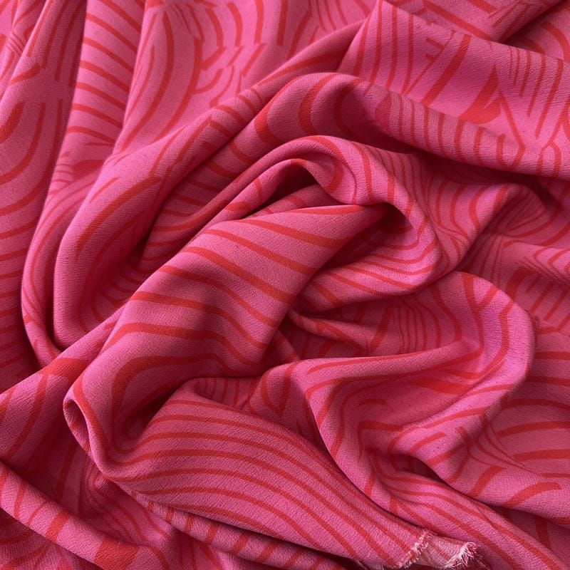 Tecido Crepe de Chine Estampado Waves Pink • Conexão Tecidos