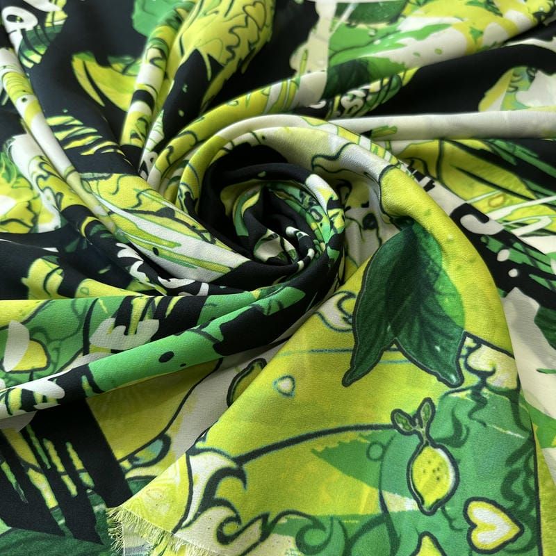 Tecido Crepe de Chine Estampado Green Lemonade • Conexão Tecidos