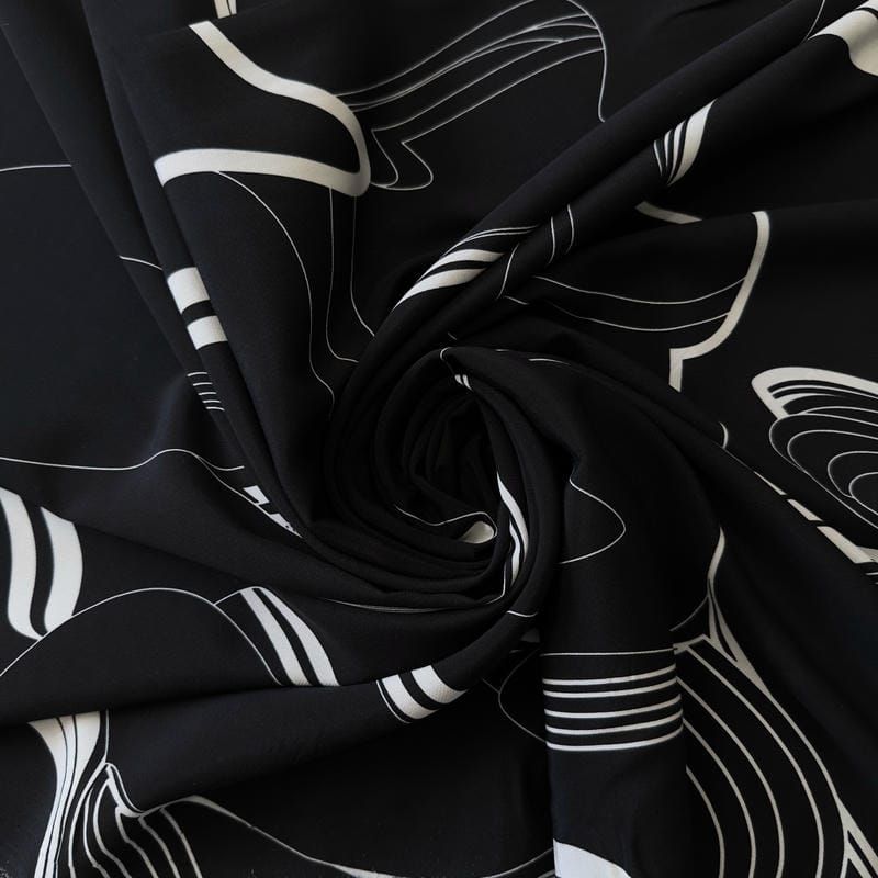 Tecido Crepe de Chine Estampado Flow Line Black • Conexão Tecidos