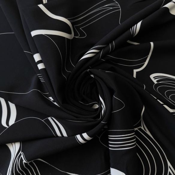 Tecido Crepe de Chine Estampado Flow Line Black • Conexão Tecidos