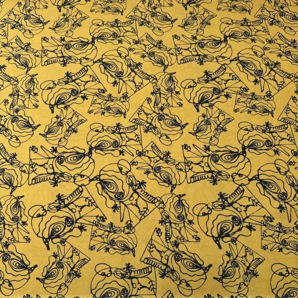 Tecido Crepe de Chine Estampado Line Art Mustard • Conexão Tecidos