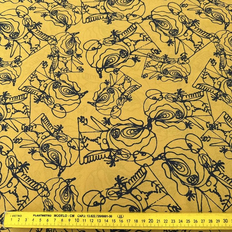 Tecido Crepe de Chine Estampado Line Art Mustard • Conexão Tecidos