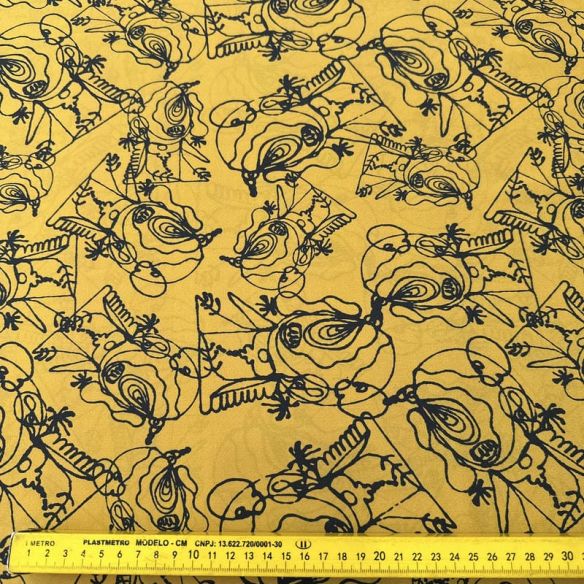 Tecido Crepe de Chine Estampado Line Art Mustard • Conexão Tecidos