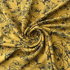 Tecido Crepe de Chine Estampado Line Art Mustard • Conexão Tecidos