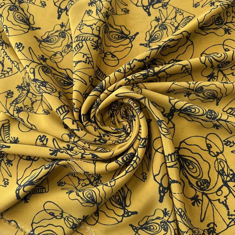 Tecido Crepe de Chine Estampado Line Art Mustard • Conexão Tecidos