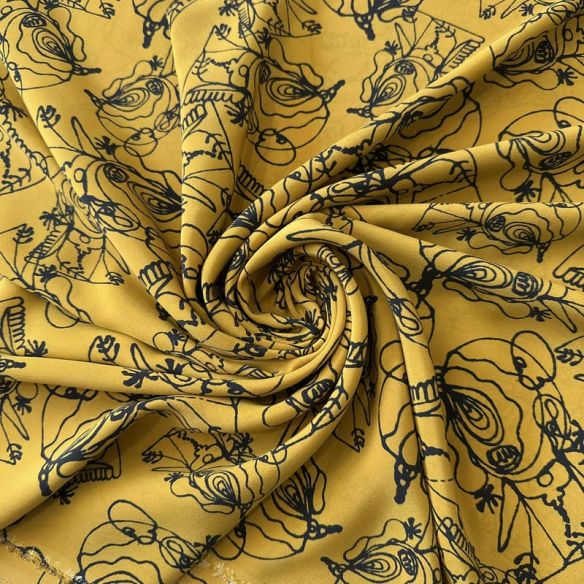 Tecido Crepe de Chine Estampado Line Art Mustard • Conexão Tecidos