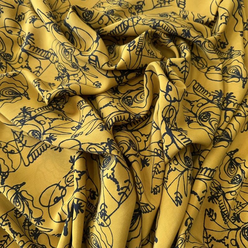 Tecido Crepe de Chine Estampado Line Art Mustard • Conexão Tecidos