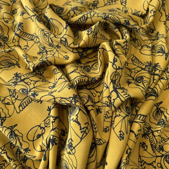 Tecido Crepe de Chine Estampado Line Art Mustard • Conexão Tecidos