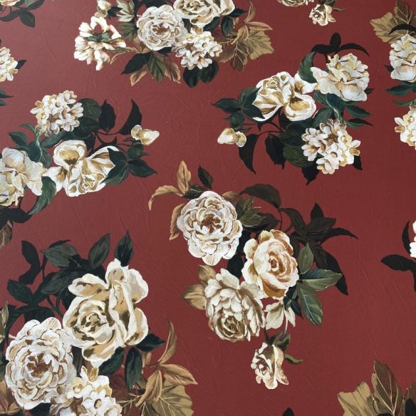 Tecido Malha Fluity Estampado Rose Vintage Marsala • Conexão Tecidos