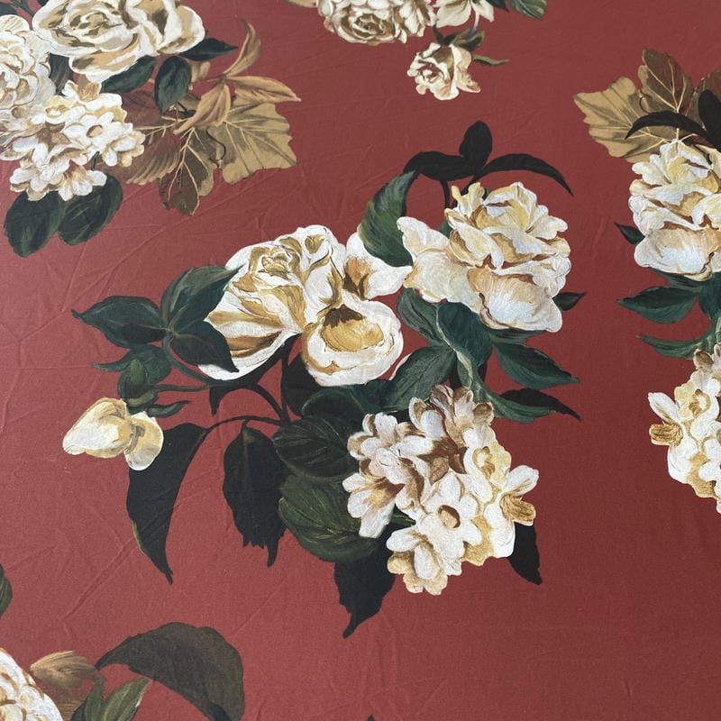 Tecido Malha Fluity Estampado Rose Vintage Marsala • Conexão Tecidos